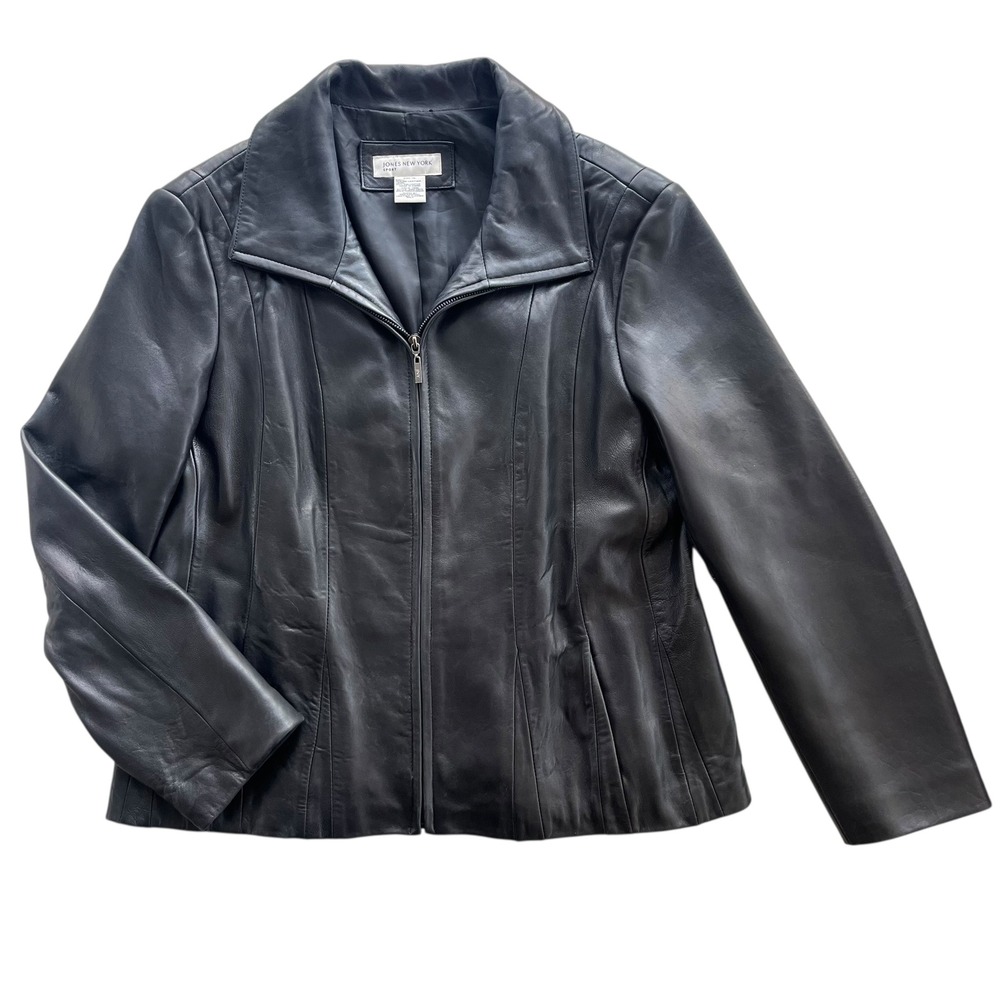 JONES NEW YORK SPORT Size XL Black Genuine Leather Zip Front Jacket Classic Chic